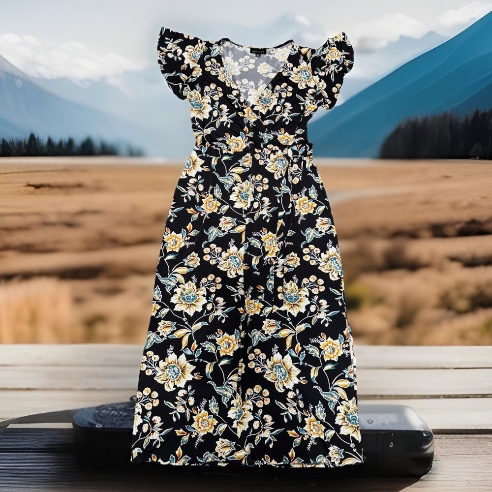 Fortune&Ivy Women's Sz PL Floral Faux Wrap Midi Dress Side Slit Sexy Fairycore